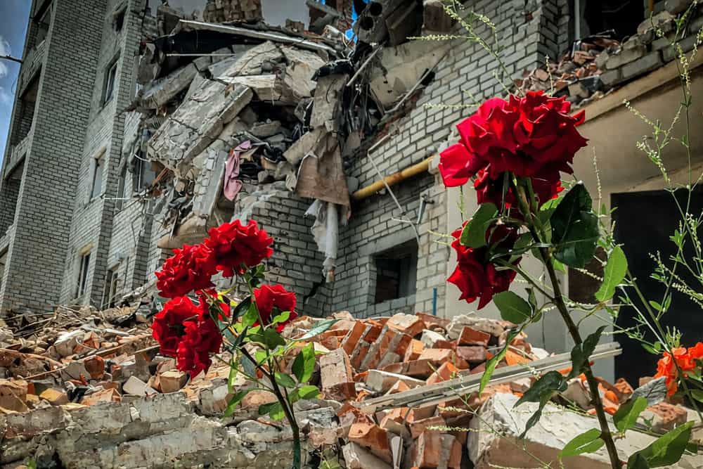 گل‌های سرخ در پای آوار پس از بمباران یک ساختمان