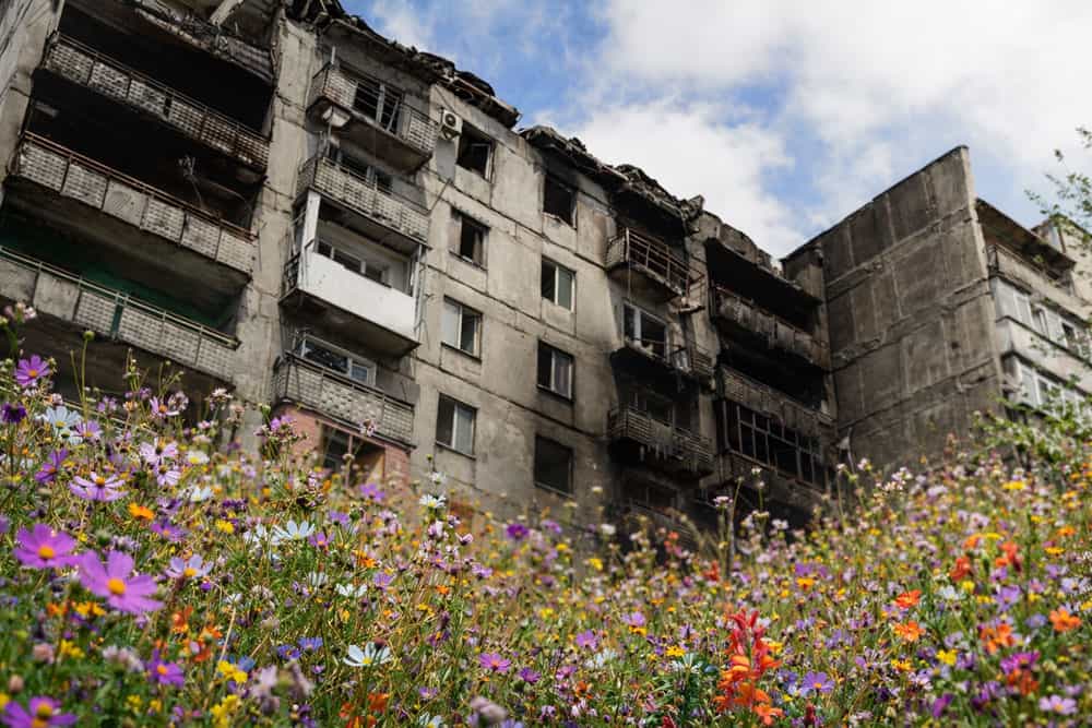 گل‌های بهاری در پای آوار پس از بمباران یک ساختمان