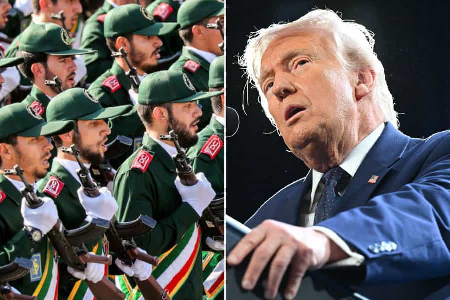 تصویری از چهره دونالد ترامپ و نیروهای سپاه پاسداران در حال رژه نظامی