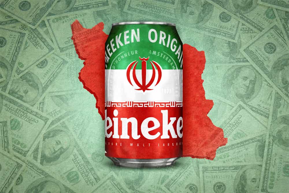 در تصویر یک قوطی آبجوی هینیکن هلند با علامت پرچم جمهوری اسلامی می‌بینیم که روی نقشه ایران قرار دارد و در پس‌زمینه تصویر اسکناس‌های دلار دیده می‌شود.