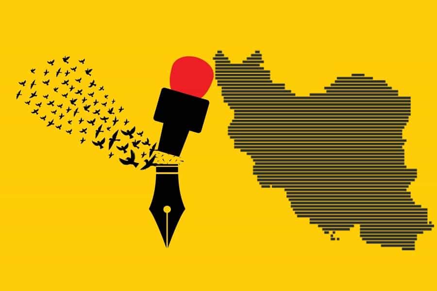 تصویری از یک قلم و یک میکروفون که از میان آن‌ها پرنده‌هایی آزاد شده‌اند. نقشه ایران در کنار این تصویر قرار دارد.