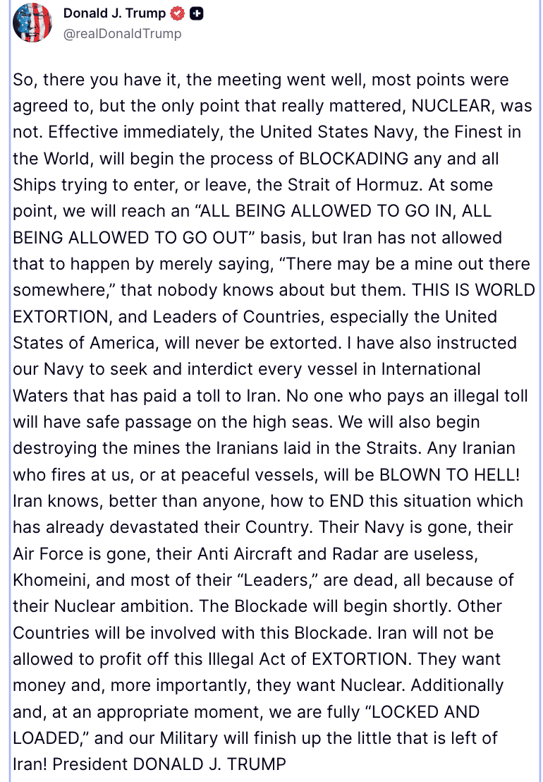دستور ترامپ در شبکه‌ اجتماعی TruthSocial در مورد محاصره تنگه هرمز، ۱۲ آوریل ۲۰۲۶