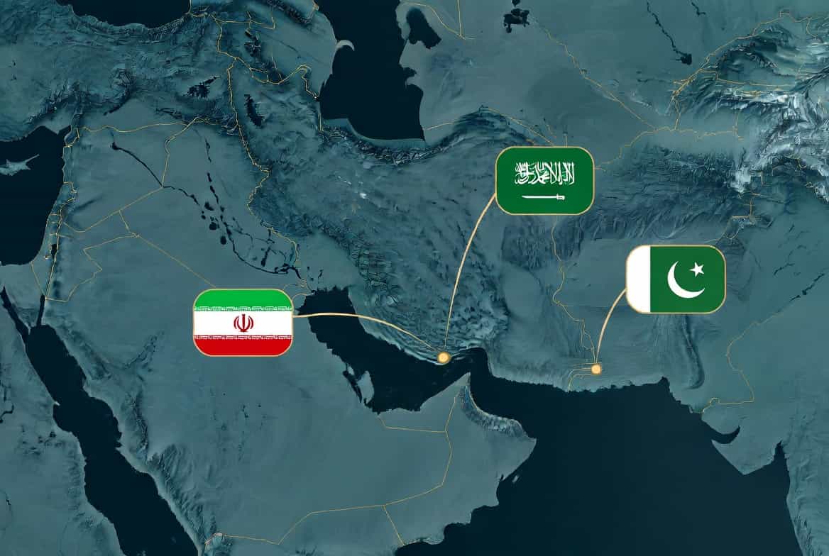 آیا شکاف امارات و پاکستان می‌تواند فضای جدیدی برای تعامل راهبردی میان ایران، پاکستان و عربستان ایجاد کند؟ موقعیت استراتژیک ایران، پاکستان و عربستان سعودی بر روی نقشه منطقه‌ای و فرصت‌های کریدورهای انرژی و ترانزیت. عکس: زمانه با امکانات هوش مصنوعی
