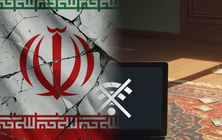 پرچمی از ایران و علامت قطعی اینترنت و فرش و پول
