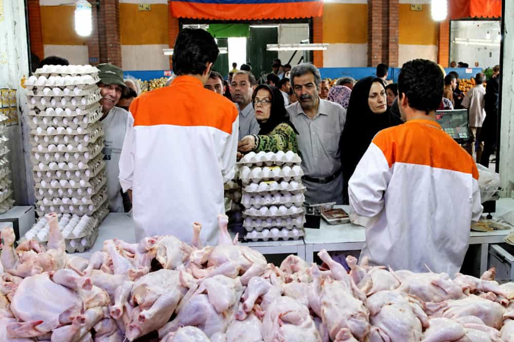 در تصویر دو نفر دارند به مردم مرغ و تخم‌مرغ می‌فروشند و شلوغ است.