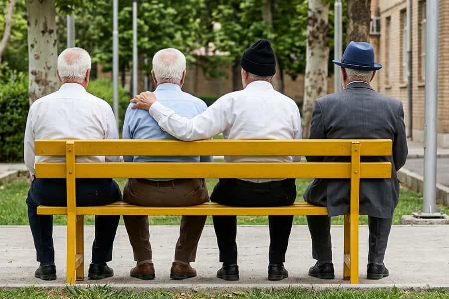 چند نفر از بازنشستگان روی نیمکت پارکی نشسته اند.