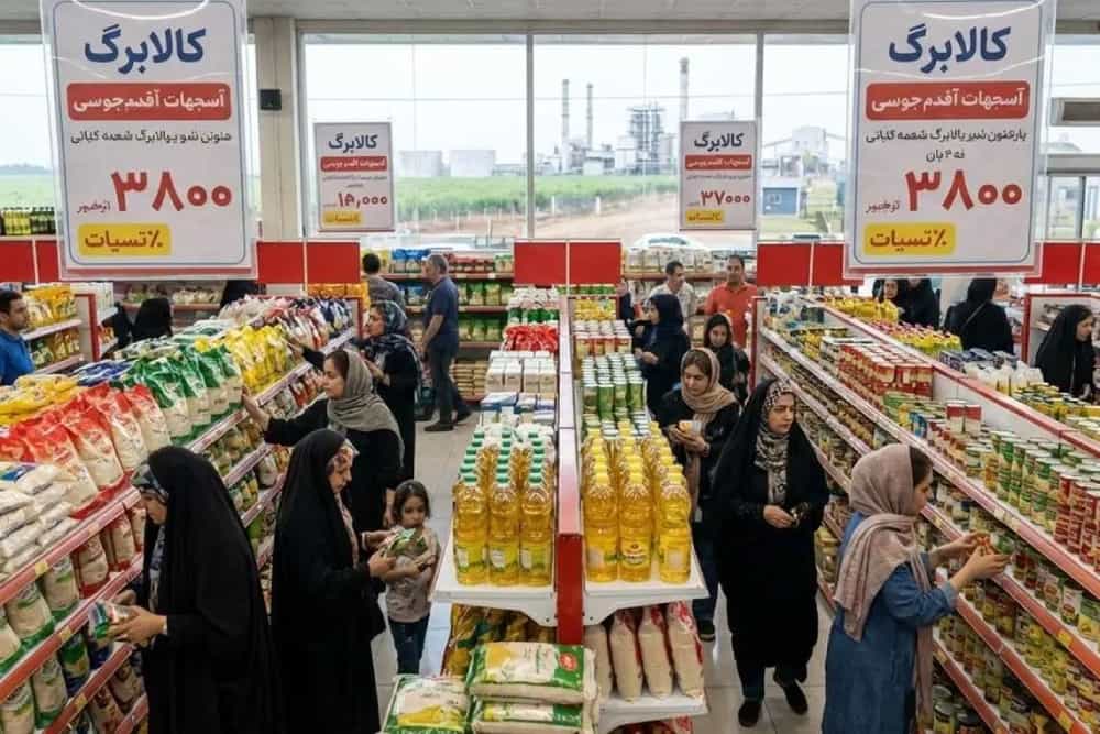 تصویری از یک فروشگاه مواد غذایی. مردم در میان قفسههای کالاها میگردند و بر در و دیوار فروشگاه تبلیغات کالابرگ دیده میشود.