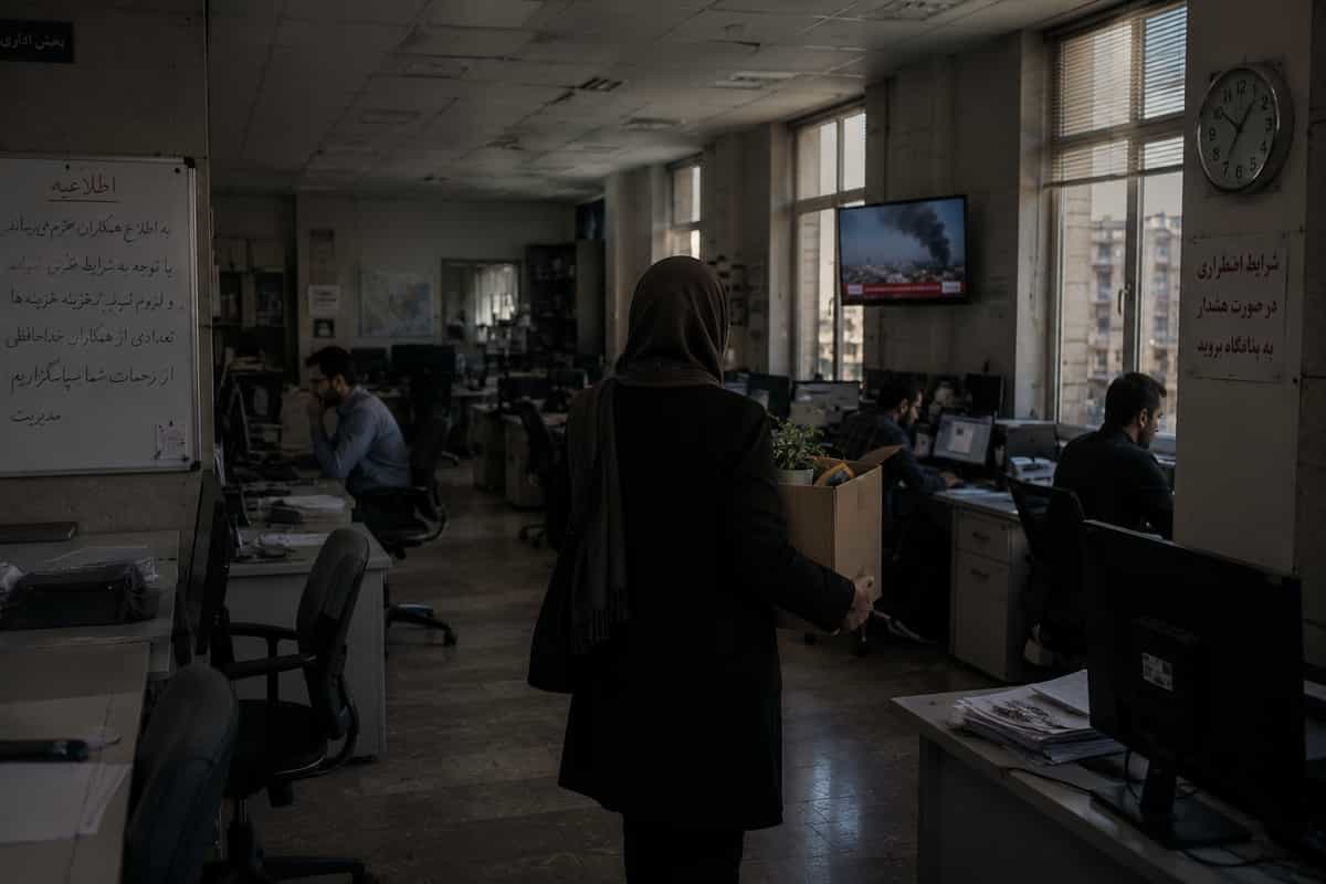 یک فضای کاری و یک زن از پشت و چند مرد