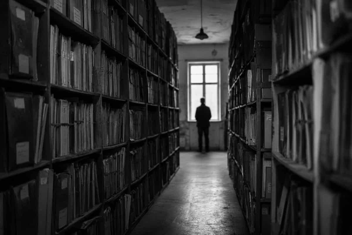 یک راهرو پر از قفسه و کتاب و انتهایش یک انسان