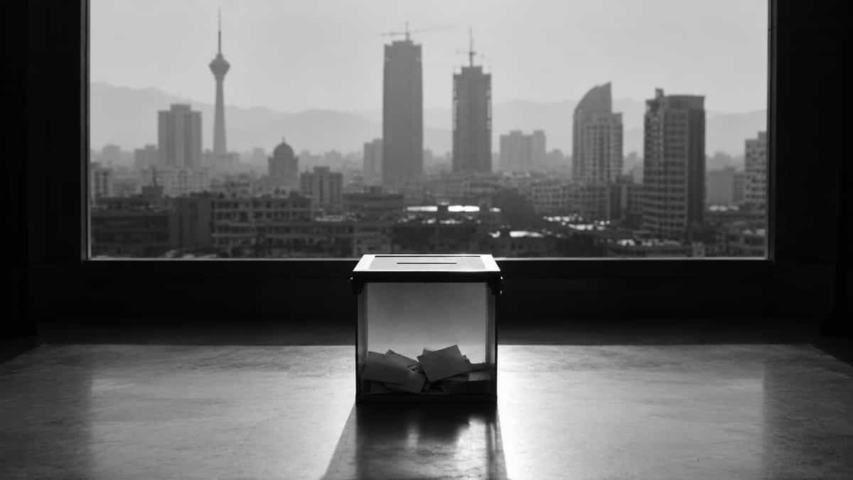 از پنچره آسمان خراش دیده می شود و در خانه یک صندوق رای است